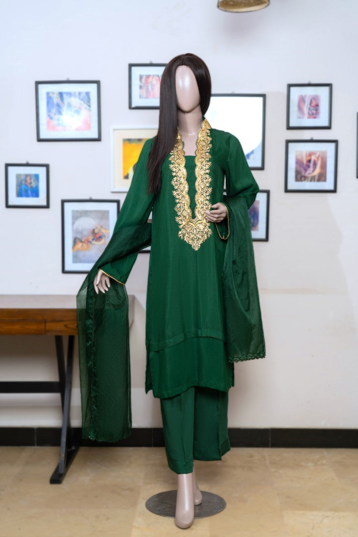 3 Pieces Raw Silk Suit Embroidered (Pret) Green