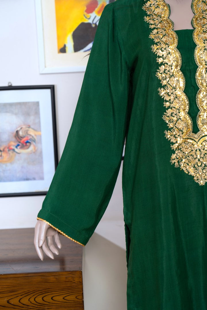 3 Pieces Raw Silk Suit Embroidered (Pret) Green