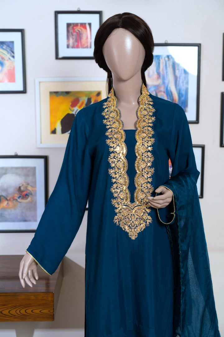 3 Pieces Raw Silk Suit Embroidered (Pret) Blue