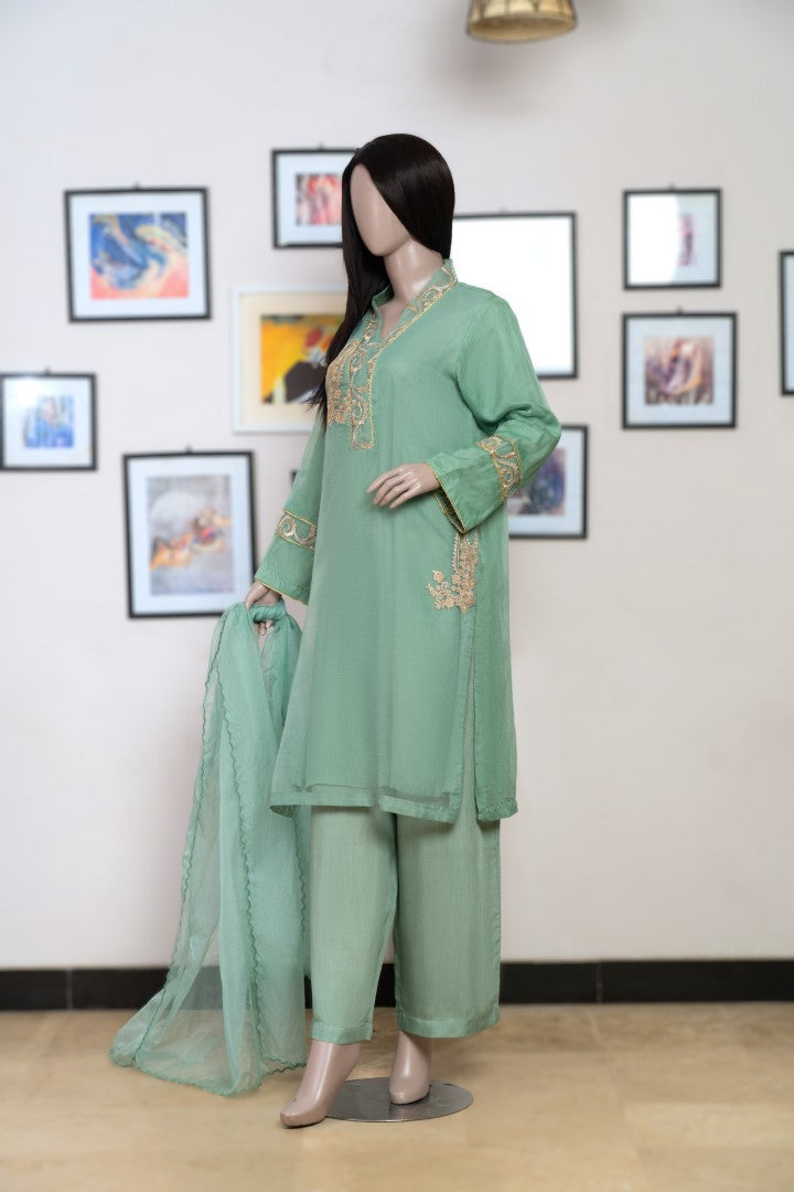 3 Pieces Organza Embroidered Suit(Pret) Seam Green