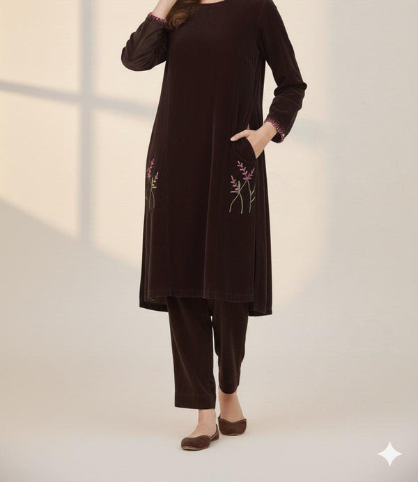 Handcrafted Brown Velvet Embroidered Shirt