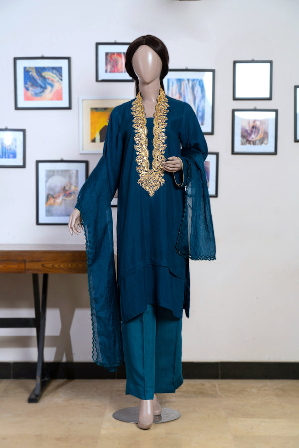 3 Pc Raw Silk Blue Embroidered Suit