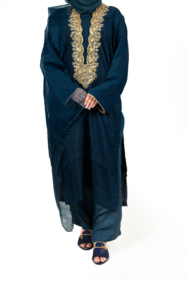 3 Pc Raw Silk Blue Embroidered Suit